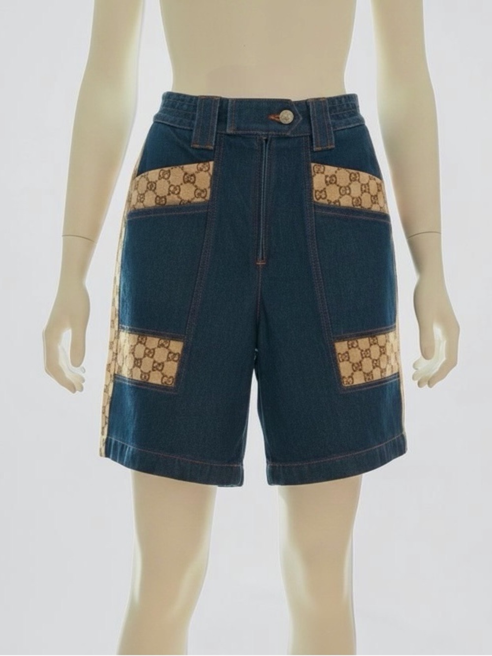Gucci Denim Shorts with Beige Monogram Panels Size 36